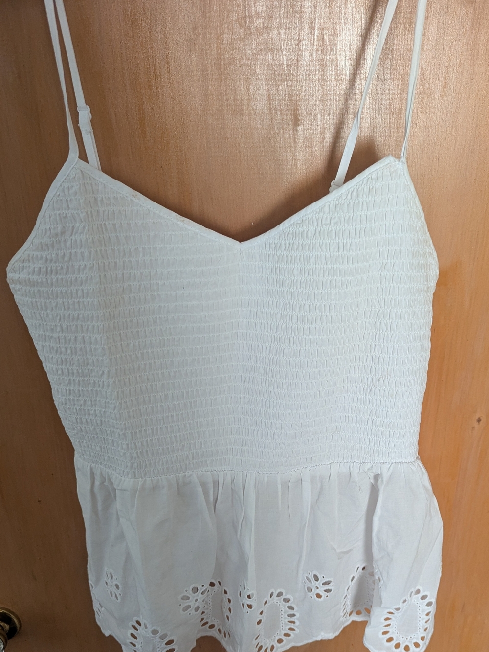 No Boundaries White Smocked Eyelet Peplum Cami